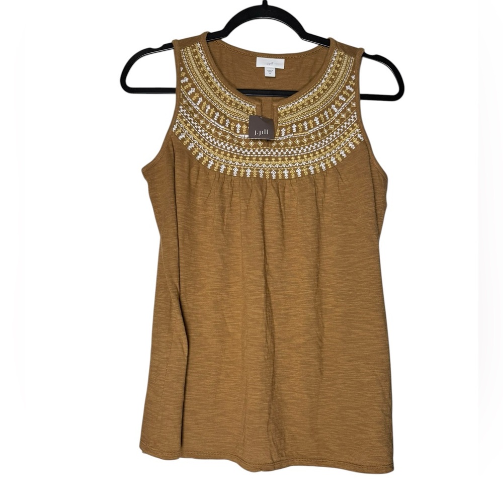 J.Jill Tank Top Sz XS Embroidered Earthy Brown Boho Sleeveless Cotton Modal NWT